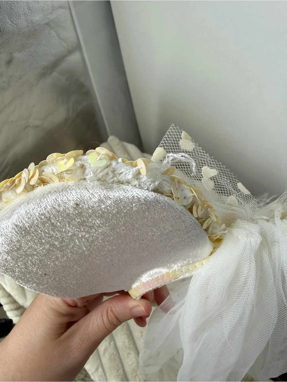 Disney Sequin Mouse Ear Headband with White Veil and Pink Rose